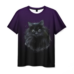 Мужская футболка 3D с принтом черный кот на фиолетовом фоне в Кировске, 100% полиэфир | прямой крой, круглый вырез горловины, длина до линии бедер | акварель | глаза | клево | котейка | котенок | котик | котэ | кошак | кошка | красиво | любителю кошек | модно | мяу | подарок | пушистый | рисунок | стильно | темный | черный кот | шерсть