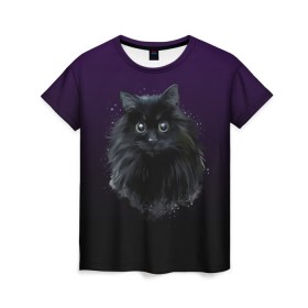 Женская футболка 3D с принтом черный кот на фиолетовом фоне в Кировске, 100% полиэфир ( синтетическое хлопкоподобное полотно) | прямой крой, круглый вырез горловины, длина до линии бедер | Тематика изображения на принте: акварель | глаза | клево | котейка | котенок | котик | котэ | кошак | кошка | красиво | любителю кошек | модно | мяу | подарок | пушистый | рисунок | стильно | темный | черный кот | шерсть