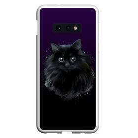 Чехол для Samsung S10E с принтом черный кот на фиолетовом фоне в Кировске, Силикон | Область печати: задняя сторона чехла, без боковых панелей | акварель | глаза | клево | котейка | котенок | котик | котэ | кошак | кошка | красиво | любителю кошек | модно | мяу | подарок | пушистый | рисунок | стильно | темный | черный кот | шерсть