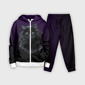 Детский костюм 3D с принтом черный кот на фиолетовом фоне в Кировске,  |  | акварель | глаза | клево | котейка | котенок | котик | котэ | кошак | кошка | красиво | любителю кошек | модно | мяу | подарок | пушистый | рисунок | стильно | темный | черный кот | шерсть