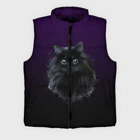Мужской жилет утепленный 3D с принтом черный кот на фиолетовом фоне в Кировске,  |  | акварель | глаза | клево | котейка | котенок | котик | котэ | кошак | кошка | красиво | любителю кошек | модно | мяу | подарок | пушистый | рисунок | стильно | темный | черный кот | шерсть