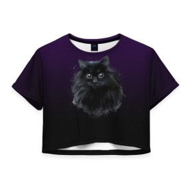 Женская футболка Crop-top 3D с принтом черный кот на фиолетовом фоне в Кировске, 100% полиэстер | круглая горловина, длина футболки до линии талии, рукава с отворотами | акварель | глаза | клево | котейка | котенок | котик | котэ | кошак | кошка | красиво | любителю кошек | модно | мяу | подарок | пушистый | рисунок | стильно | темный | черный кот | шерсть