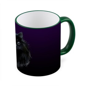 Кружка с принтом черный кот на фиолетовом фоне в Кировске, керамика | ёмкость 330 мл | Тематика изображения на принте: акварель | глаза | клево | котейка | котенок | котик | котэ | кошак | кошка | красиво | любителю кошек | модно | мяу | подарок | пушистый | рисунок | стильно | темный | черный кот | шерсть