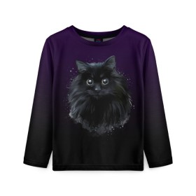 Детский лонгслив 3D с принтом черный кот на фиолетовом фоне в Кировске, 100% полиэстер | длинные рукава, круглый вырез горловины, полуприлегающий силуэт
 | акварель | глаза | клево | котейка | котенок | котик | котэ | кошак | кошка | красиво | любителю кошек | модно | мяу | подарок | пушистый | рисунок | стильно | темный | черный кот | шерсть