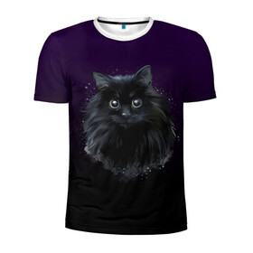 Мужская футболка 3D спортивная с принтом черный кот на фиолетовом фоне в Кировске, 100% полиэстер с улучшенными характеристиками | приталенный силуэт, круглая горловина, широкие плечи, сужается к линии бедра | акварель | глаза | клево | котейка | котенок | котик | котэ | кошак | кошка | красиво | любителю кошек | модно | мяу | подарок | пушистый | рисунок | стильно | темный | черный кот | шерсть
