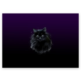 Поздравительная открытка с принтом черный кот на фиолетовом фоне в Кировске, 100% бумага | плотность бумаги 280 г/м2, матовая, на обратной стороне линовка и место для марки
 | Тематика изображения на принте: акварель | глаза | клево | котейка | котенок | котик | котэ | кошак | кошка | красиво | любителю кошек | модно | мяу | подарок | пушистый | рисунок | стильно | темный | черный кот | шерсть