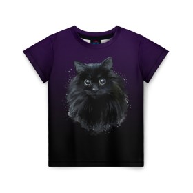 Детская футболка 3D с принтом черный кот на фиолетовом фоне в Кировске, 100% гипоаллергенный полиэфир | прямой крой, круглый вырез горловины, длина до линии бедер, чуть спущенное плечо, ткань немного тянется | акварель | глаза | клево | котейка | котенок | котик | котэ | кошак | кошка | красиво | любителю кошек | модно | мяу | подарок | пушистый | рисунок | стильно | темный | черный кот | шерсть