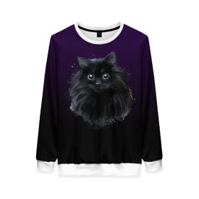 Женский свитшот 3D с принтом черный кот на фиолетовом фоне в Кировске, 100% полиэстер с мягким внутренним слоем | круглый вырез горловины, мягкая резинка на манжетах и поясе, свободная посадка по фигуре | акварель | глаза | клево | котейка | котенок | котик | котэ | кошак | кошка | красиво | любителю кошек | модно | мяу | подарок | пушистый | рисунок | стильно | темный | черный кот | шерсть