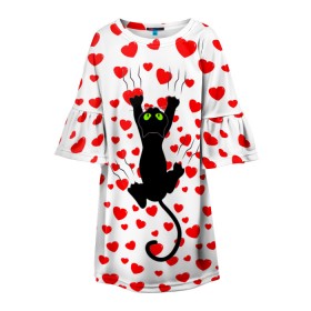 Детское платье 3D с принтом Котейка в Кировске, 100% полиэстер | прямой силуэт, чуть расширенный к низу. Круглая горловина, на рукавах — воланы | animal | cat | love | животное | животные | кот | котенок | кошка | любовь | сердечки | хвост | черная