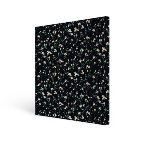 Холст квадратный с принтом Сакура на черном в Кировске, 100% ПВХ |  | сакура | узоры | цветы | черная