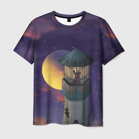 Мужская футболка 3D с принтом To the Moon 3D в Кировске, 100% полиэфир | прямой крой, круглый вырез горловины, длина до линии бедер | lighthouse | moon | night | pair | silhouettes | stars | to the moon | звёзды | луна | маяк | ночь | пара | силуэты