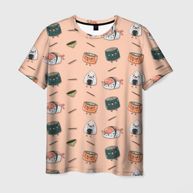 Мужская футболка 3D с принтом Суши в Кировске, 100% полиэфир | прямой крой, круглый вырез горловины, длина до линии бедер | sushi | еда | кавайные суши | милые суши | рис | роллы | рыба | суси | суши | суши паттерн | япония | японская еда