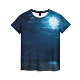 Женская футболка 3D с принтом Ночное поле в Кировске, 100% полиэфир ( синтетическое хлопкоподобное полотно) | прямой крой, круглый вырез горловины, длина до линии бедер | луна | небо | ночь | облака | поле