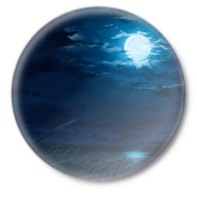Значок с принтом Ночное поле в Кировске,  металл | круглая форма, металлическая застежка в виде булавки | луна | небо | ночь | облака | поле