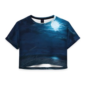 Женская футболка Crop-top 3D с принтом Ночное поле в Кировске, 100% полиэстер | круглая горловина, длина футболки до линии талии, рукава с отворотами | луна | небо | ночь | облака | поле