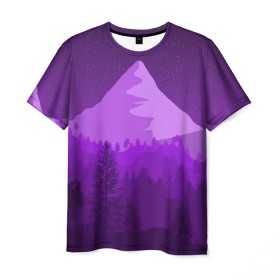 Мужская футболка 3D с принтом Ночные горы в Кировске, 100% полиэфир | прямой крой, круглый вырез горловины, длина до линии бедер | горы | звёздное небо | звёзды | лес | небо | ночь | фиолетовый