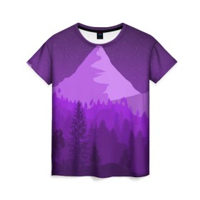 Женская футболка 3D с принтом Ночные горы в Кировске, 100% полиэфир ( синтетическое хлопкоподобное полотно) | прямой крой, круглый вырез горловины, длина до линии бедер | горы | звёздное небо | звёзды | лес | небо | ночь | фиолетовый