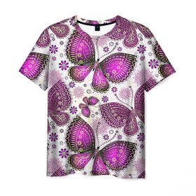 Мужская футболка 3D с принтом Фиолетовые бабочки в Кировске, 100% полиэфир | прямой крой, круглый вырез горловины, длина до линии бедер | бабочка | фиолетовый | цветы