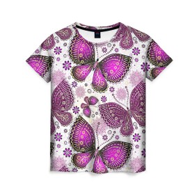 Женская футболка 3D с принтом Фиолетовые бабочки в Кировске, 100% полиэфир ( синтетическое хлопкоподобное полотно) | прямой крой, круглый вырез горловины, длина до линии бедер | бабочка | фиолетовый | цветы