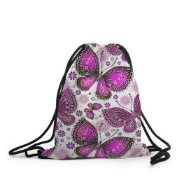 Рюкзак-мешок 3D с принтом Фиолетовые бабочки в Кировске, 100% полиэстер | плотность ткани — 200 г/м2, размер — 35 х 45 см; лямки — толстые шнурки, застежка на шнуровке, без карманов и подкладки | бабочка | фиолетовый | цветы