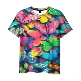 Мужская футболка 3D с принтом Радужный рой в Кировске, 100% полиэфир | прямой крой, круглый вырез горловины, длина до линии бедер | бабочка | бабочки | белый | бирюзовый | зеленый | красный | розовый | серый | синий | фиолетовый | яркий цвет