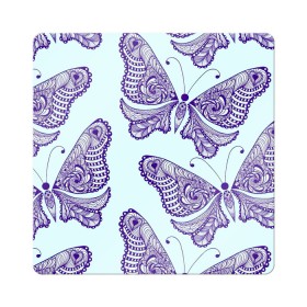 Магнит виниловый Квадрат с принтом Гжелевые бабочки в Кировске, полимерный материал с магнитным слоем | размер 9*9 см, закругленные углы | бабочки | бирюзовый | гжель | синий
