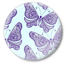 Значок с принтом Гжелевые бабочки в Кировске,  металл | круглая форма, металлическая застежка в виде булавки | бабочки | бирюзовый | гжель | синий