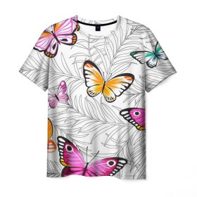 Мужская футболка 3D с принтом Яркий рой в Кировске, 100% полиэфир | прямой крой, круглый вырез горловины, длина до линии бедер | бабочки | белый | желтый | оранжевый | прозрачный | розовый | фиолетовый | чёрный