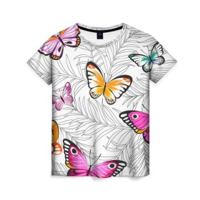 Женская футболка 3D с принтом Яркий рой в Кировске, 100% полиэфир ( синтетическое хлопкоподобное полотно) | прямой крой, круглый вырез горловины, длина до линии бедер | бабочки | белый | желтый | оранжевый | прозрачный | розовый | фиолетовый | чёрный