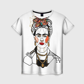 Женская футболка 3D с принтом Фрида Кало  в Кировске, 100% полиэфир ( синтетическое хлопкоподобное полотно) | прямой крой, круглый вырез горловины, длина до линии бедер | кало | картинки | популярные | прикольные | фрида | цветы | человек