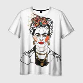Мужская футболка 3D с принтом Фрида Кало  в Кировске, 100% полиэфир | прямой крой, круглый вырез горловины, длина до линии бедер | Тематика изображения на принте: кало | картинки | популярные | прикольные | фрида | цветы | человек