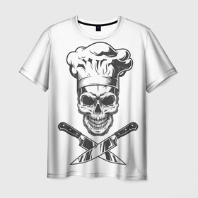 Мужская футболка 3D с принтом Череп повар  в Кировске, 100% полиэфир | прямой крой, круглый вырез горловины, длина до линии бедер | Тематика изображения на принте: глаза | кухня | ножи | повар | ресторан | череп | черный | шеф