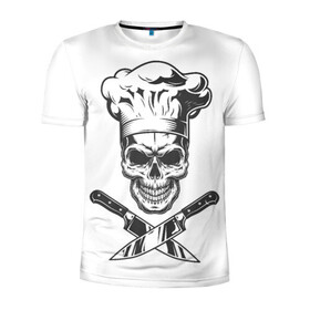 Мужская футболка 3D спортивная с принтом Череп повар  в Кировске, 100% полиэстер с улучшенными характеристиками | приталенный силуэт, круглая горловина, широкие плечи, сужается к линии бедра | глаза | кухня | ножи | повар | ресторан | череп | черный | шеф