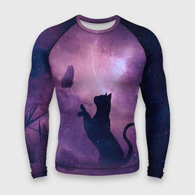 Мужской рашгард 3D с принтом Бабочка кот силуэт фиолетовый в Кировске,  |  | Тематика изображения на принте: арт | бабочка | графика | дым | звезды | космос | кот | молния | образ | персонаж | рисунок | силуэт | сиреневый | туман | фантастика | фиолетовый | фэнтези | черная кошка | чернильный