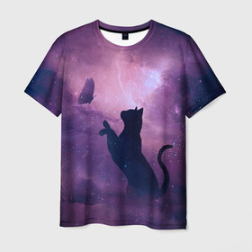 Мужская футболка 3D с принтом Бабочка кот силуэт фиолетовый в Кировске, 100% полиэфир | прямой крой, круглый вырез горловины, длина до линии бедер | арт | бабочка | графика | дым | звезды | космос | кот | молния | образ | персонаж | рисунок | силуэт | сиреневый | туман | фантастика | фиолетовый | фэнтези | черная кошка | чернильный