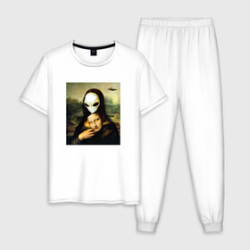 Мужская пижама хлопок с принтом Mona Lisa в Кировске, 100% хлопок | брюки и футболка прямого кроя, без карманов, на брюках мягкая резинка на поясе и по низу штанин
 | alien | da | gioconda | la | leonardo | lisa | mona | renaissance | smile | ufo | vinci | винчи | да | джоконда | инопланетянин | леонардо | лиза | мона | нло | ренессанс | улыбка