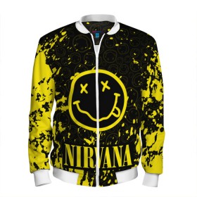 Мужской бомбер 3D с принтом NIRVANA в Кировске, 100% полиэстер | застегивается на молнию, по бокам два кармана без застежек, по низу бомбера и на воротнике - эластичная резинка | nirvana | nirvana smells like | rock | teen spirit | курт кобейн | нирвана | песни | рок.