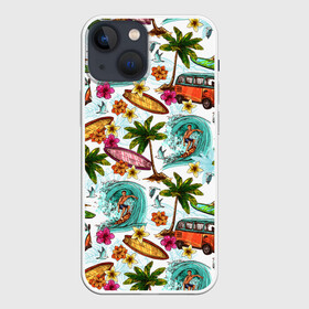 Чехол для iPhone 13 mini с принтом Летнее Настроение в Кировске,  |  | Тематика изображения на принте: волны | деревья | купальник | лето | листья | море | океан | остров | отпуск | пальмы | пляж | природа | птицы | путешествие | серфинг | солнце | спорт | таиланд | тропики | туризм | цветы