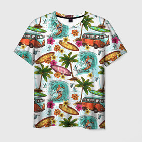 Мужская футболка 3D с принтом Летнее Настроение в Кировске, 100% полиэфир | прямой крой, круглый вырез горловины, длина до линии бедер | волны | деревья | купальник | лето | листья | море | океан | остров | отпуск | пальмы | пляж | природа | птицы | путешествие | серфинг | солнце | спорт | таиланд | тропики | туризм | цветы