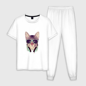 Мужская пижама хлопок с принтом кот в очках и наушниках в Кировске, 100% хлопок | брюки и футболка прямого кроя, без карманов, на брюках мягкая резинка на поясе и по низу штанин
 | кот | кошка | мода | модник | мятный | наушники | очки | реализм | салатный | фото | хипстер | черный