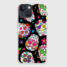 Чехол для iPhone 13 mini с принтом Шальные черепа в Кировске,  |  | doodling | textures | tiles | день мёртвых | дудлинг | тайлы | текстуры | фон | цветы | череп | черепа | черный