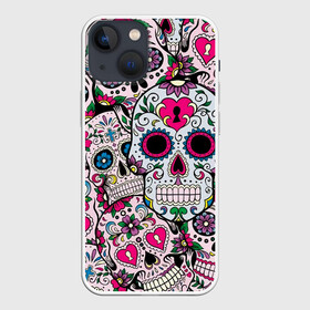 Чехол для iPhone 13 mini с принтом Весёлые черепа в Кировске,  |  | doodling | textures | tiles | белый | день мёртвых | дудлинг | желтый | звезды | зеленый | красный | кремовый | розовый | синий | тайлы | текстуры | фон | цветы | череп | черепа | черный