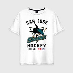 Женская футболка хлопок Oversize с принтом SAN JOSE SHARKS в Кировске, 100% хлопок | свободный крой, круглый ворот, спущенный рукав, длина до линии бедер
 | hockey | nhl | san jose | sharks | sport | usa | акулы | надпись | нхл | сан хосе | символы | сообщение | спорт | сша | текст | фраза | хоккей | цитаты | шайбу