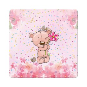 Магнит виниловый Квадрат с принтом Милый мишка с цветочком в Кировске, полимерный материал с магнитным слоем | размер 9*9 см, закругленные углы | Тематика изображения на принте: воробушек | воробьи | медведь | медвежонок | мишка | плюшевый мишка | подарок | птичка | цветок | цветочки