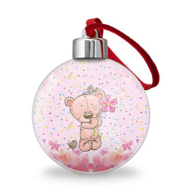Ёлочный шар с принтом Милый мишка с цветочком в Кировске, Пластик | Диаметр: 77 мм | воробушек | воробьи | медведь | медвежонок | мишка | плюшевый мишка | подарок | птичка | цветок | цветочки
