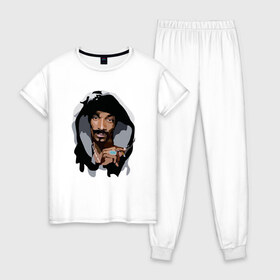 Женская пижама хлопок с принтом Snoop Dogg в Кировске, 100% хлопок | брюки и футболка прямого кроя, без карманов, на брюках мягкая резинка на поясе и по низу штанин | 2pac | black | dog | dr dre | hip hop | rap | snoop dogg | west coast | гангстер | микрофон | музыка | рифма | рэп | рэпер | снуп дог | собака | хип хоп