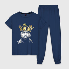 Женская пижама хлопок с принтом Ice Cube King в Кировске, 100% хлопок | брюки и футболка прямого кроя, без карманов, на брюках мягкая резинка на поясе и по низу штанин | 2pac | black | compton | dog | dr dre | hip hop | ice cube | king | nwa | rap | snoop dogg | west coast | westside | айс кьюб | гангстер | голос улиц | король | микрофон | музыка | рифма | рэп | рэпер | хип хоп
