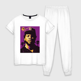 Женская пижама хлопок с принтом Ice Cube в Кировске, 100% хлопок | брюки и футболка прямого кроя, без карманов, на брюках мягкая резинка на поясе и по низу штанин | 2pac | black | compton | dog | dr dre | hip hop | ice cube | nwa | rap | snoop dogg | west coast | westside | айс кьюб | гангстер | голос улиц | микрофон | музыка | рифма | рэп | рэпер | хип хоп