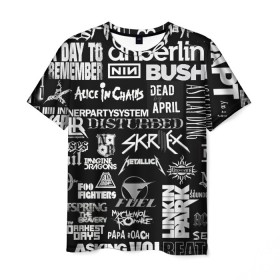 Мужская футболка 3D с принтом Рок группы в Кировске, 100% полиэфир | прямой крой, круглый вырез горловины, длина до линии бедер | английский | белый | иностранные надписи | музыка | название | рок | серый | черный | черный фон