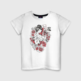 Детская футболка хлопок с принтом Гейша в Кировске, 100% хлопок | круглый вырез горловины, полуприлегающий силуэт, длина до линии бедер | Тематика изображения на принте: иллюстрация | рисунок | сакура | цветы | япония